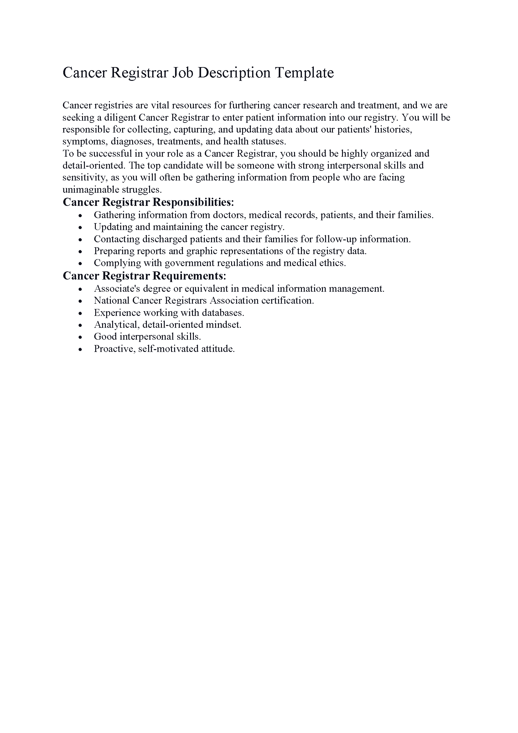 Cancer Registrar Job Description Template